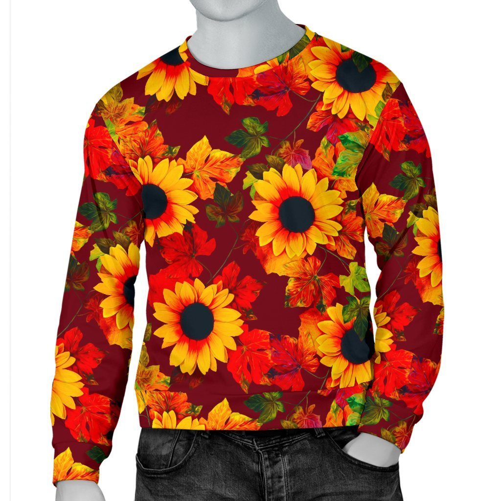 Red Autumn Sunflower Pattern Print Men's Crewneck Sweatshirt GearFrost