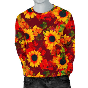 Red Autumn Sunflower Pattern Print Men's Crewneck Sweatshirt GearFrost