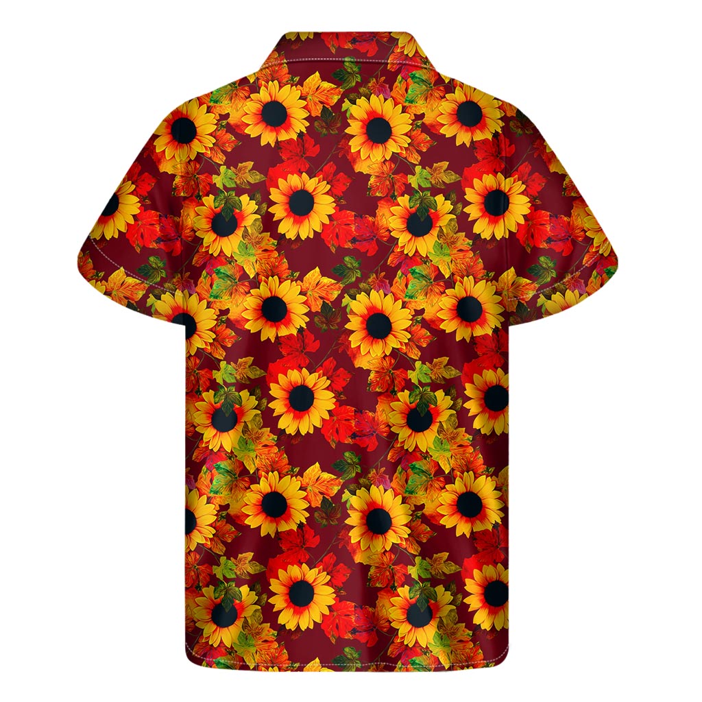 Red Autumn Sunflower Pattern Print Men's Short Sleeve Shirt