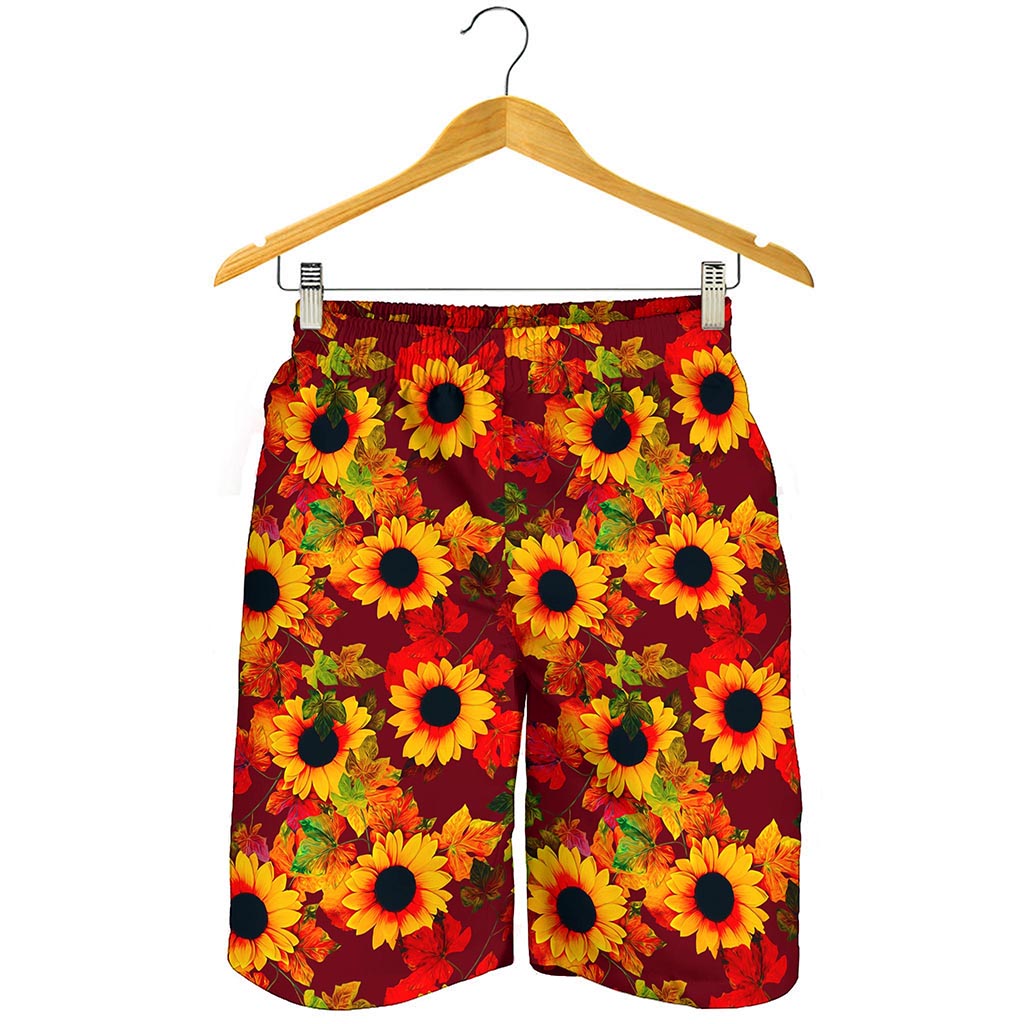 Red Autumn Sunflower Pattern Print Men's Shorts