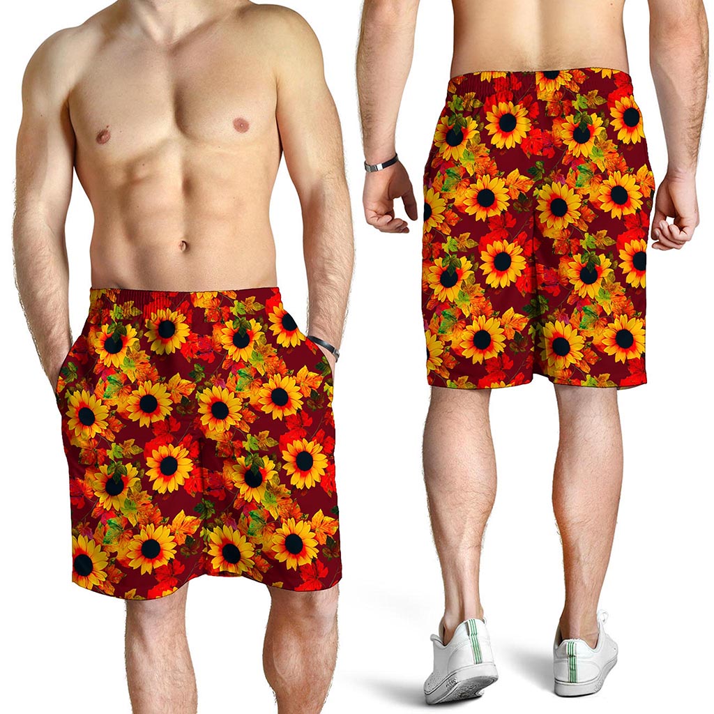 Red Autumn Sunflower Pattern Print Men's Shorts