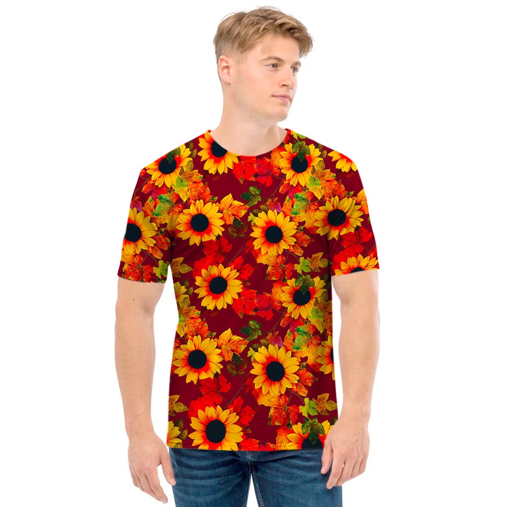 Red Autumn Sunflower Pattern Print Men's T-Shirt