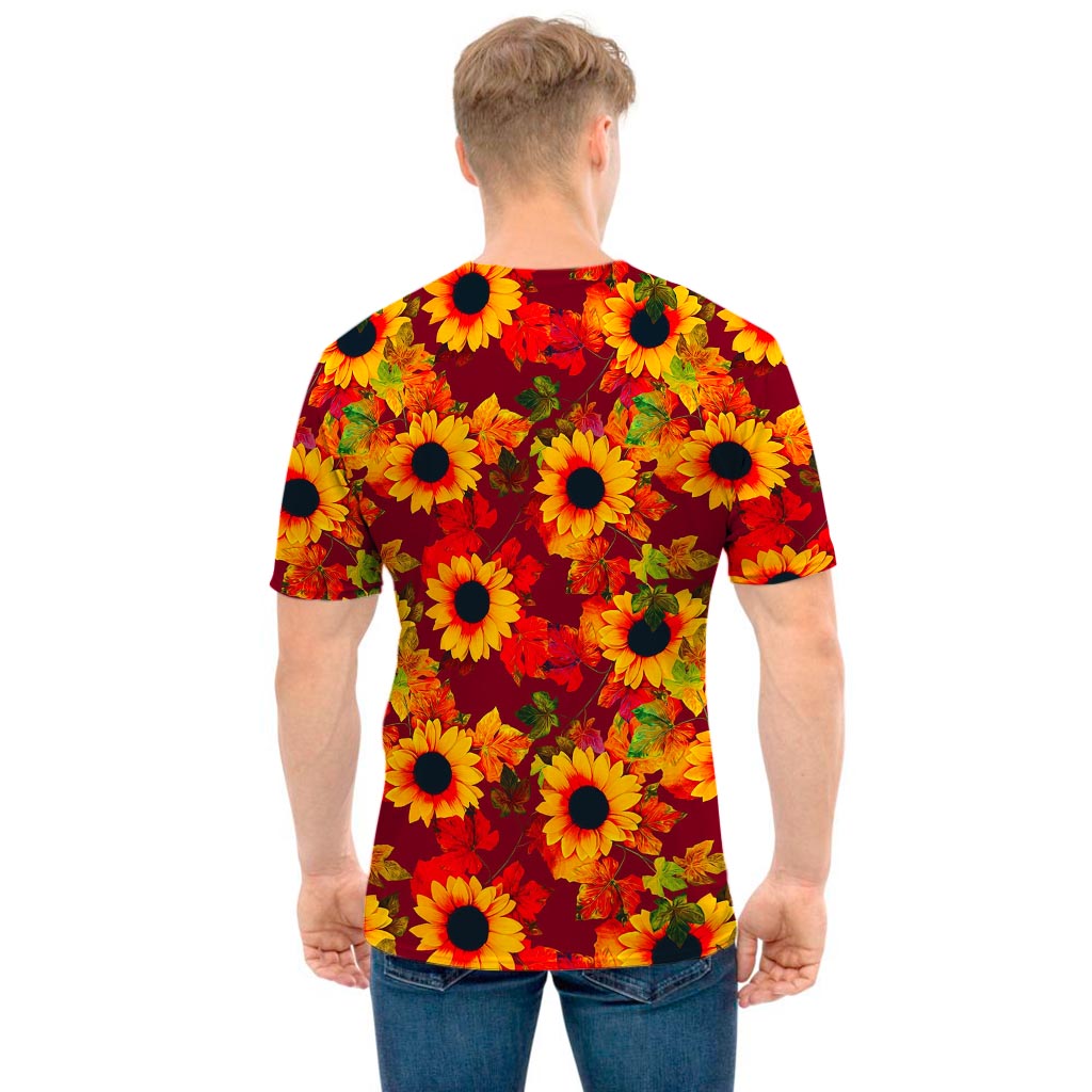 Red Autumn Sunflower Pattern Print Men's T-Shirt