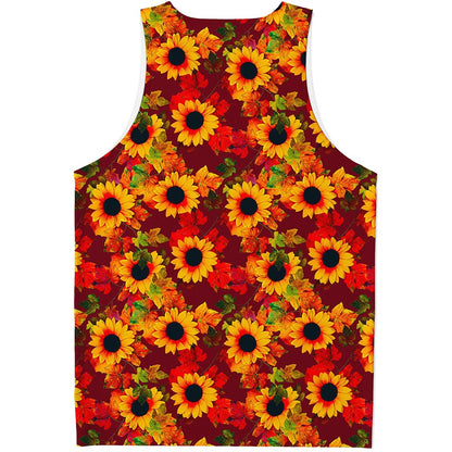 Red Autumn Sunflower Pattern Print Men's Tank Top