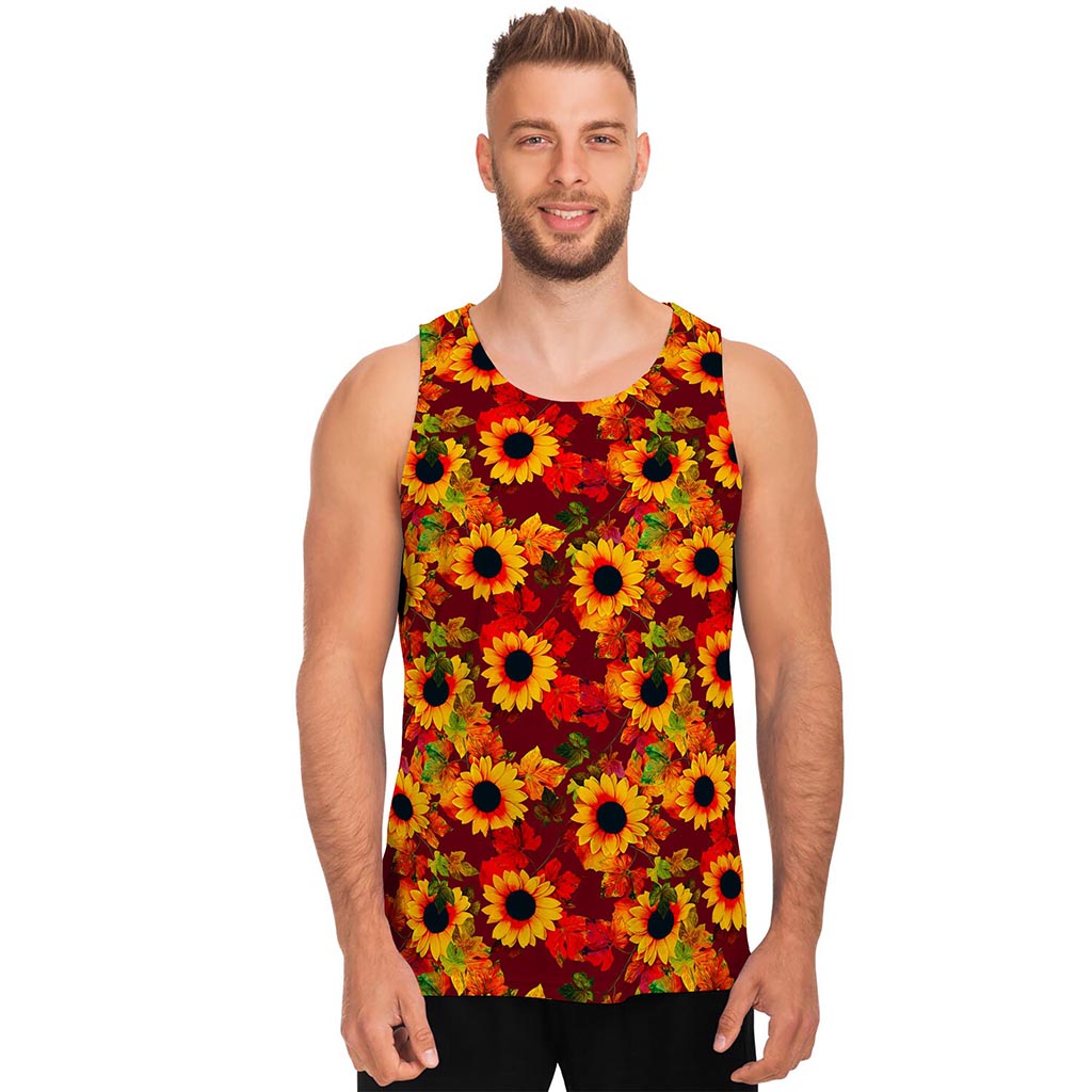 Red Autumn Sunflower Pattern Print Men's Tank Top