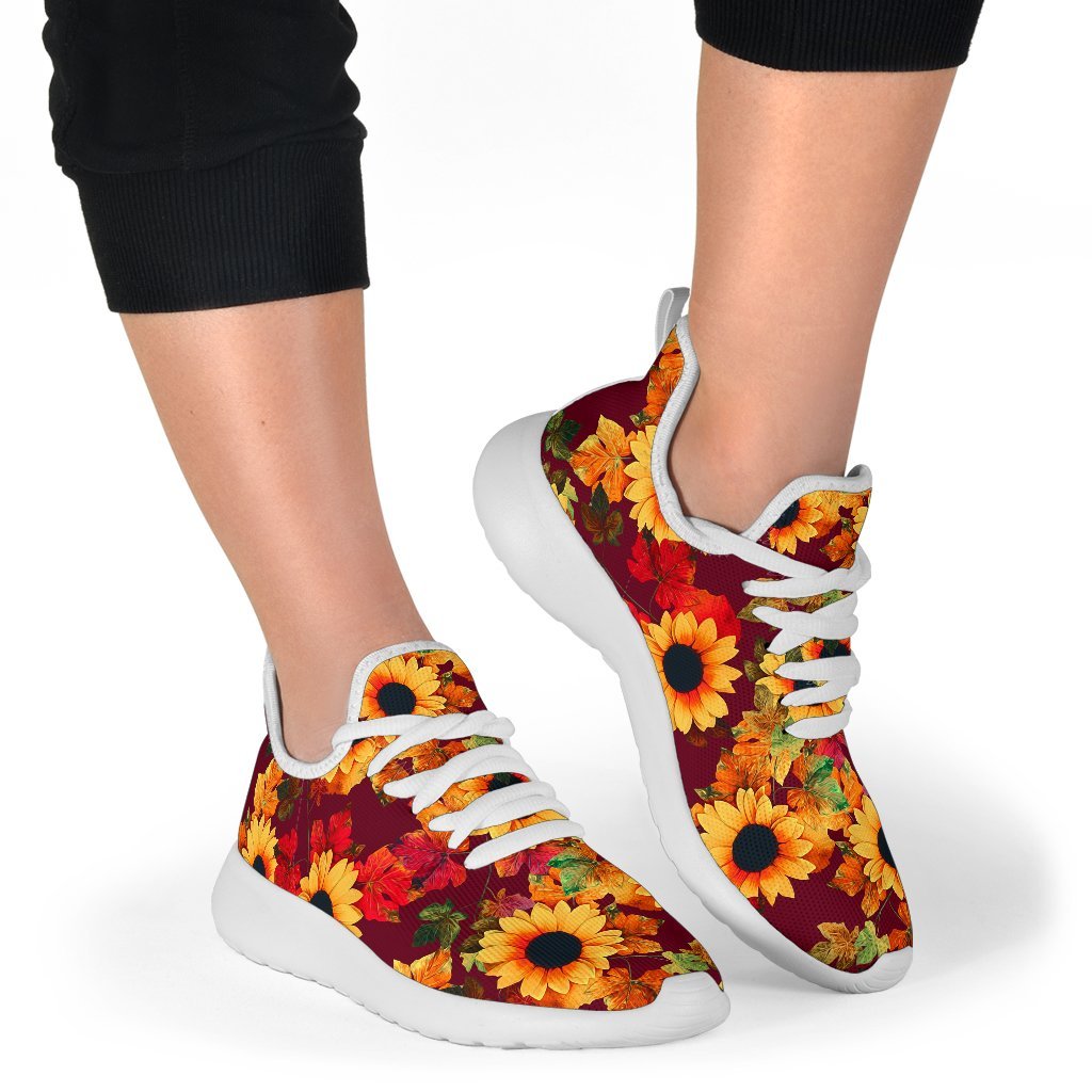 Red Autumn Sunflower Pattern Print Mesh Knit Shoes GearFrost