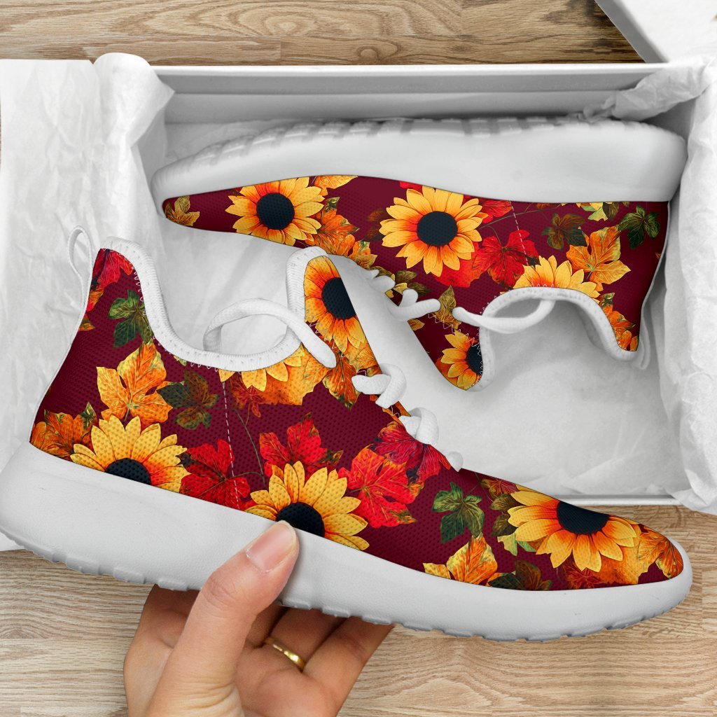 Red Autumn Sunflower Pattern Print Mesh Knit Shoes GearFrost