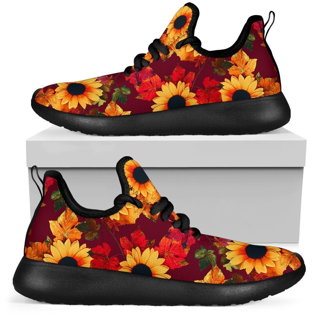 Red Autumn Sunflower Pattern Print Mesh Knit Shoes GearFrost