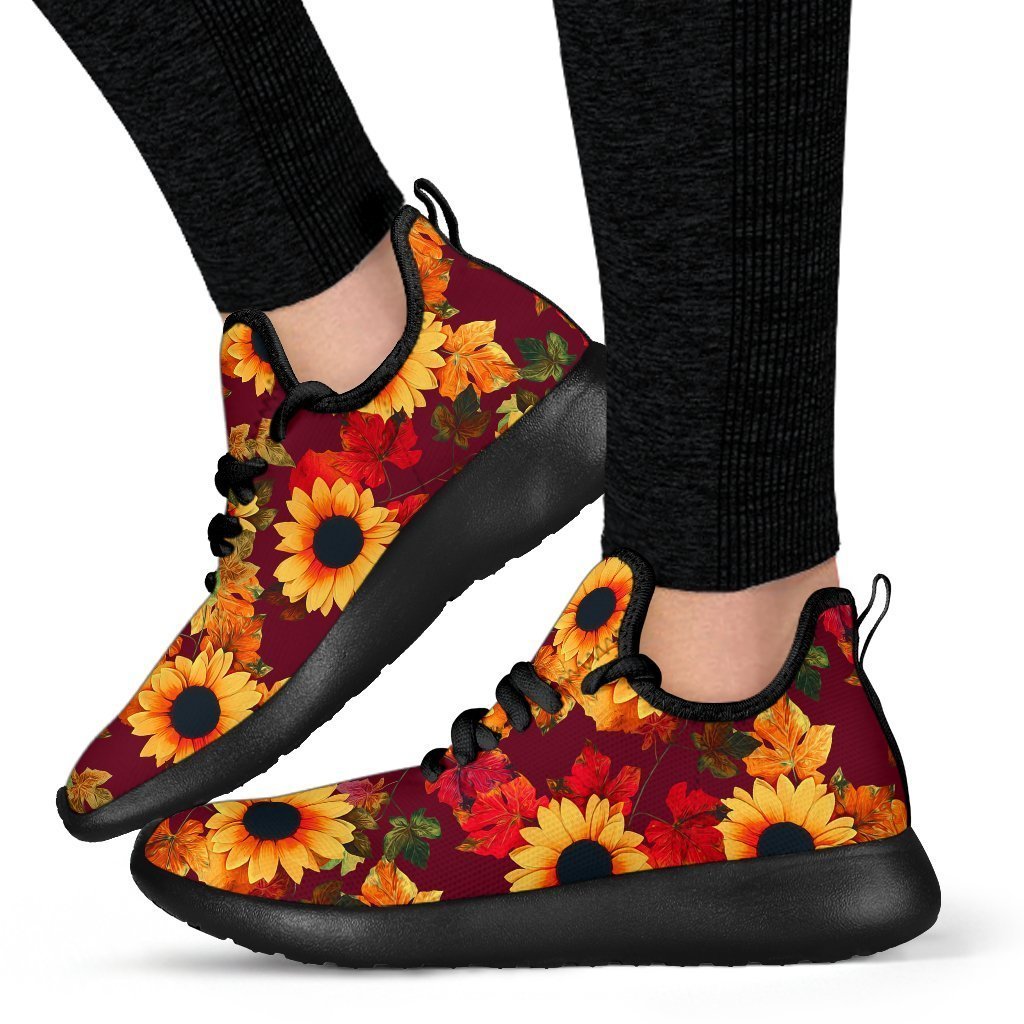 Red Autumn Sunflower Pattern Print Mesh Knit Shoes GearFrost