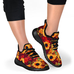 Red Autumn Sunflower Pattern Print Mesh Knit Shoes GearFrost