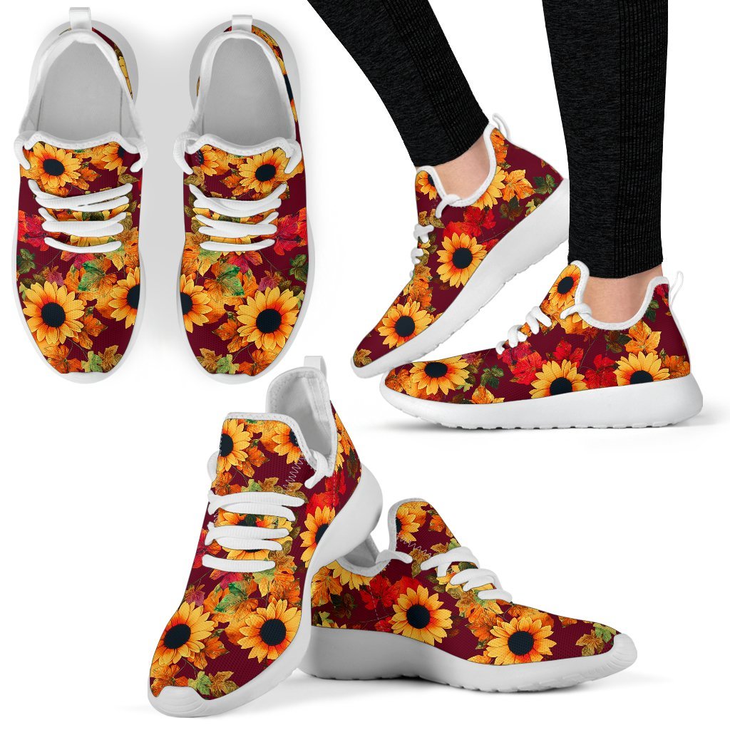 Red Autumn Sunflower Pattern Print Mesh Knit Shoes GearFrost