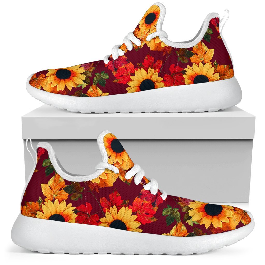 Red Autumn Sunflower Pattern Print Mesh Knit Shoes GearFrost