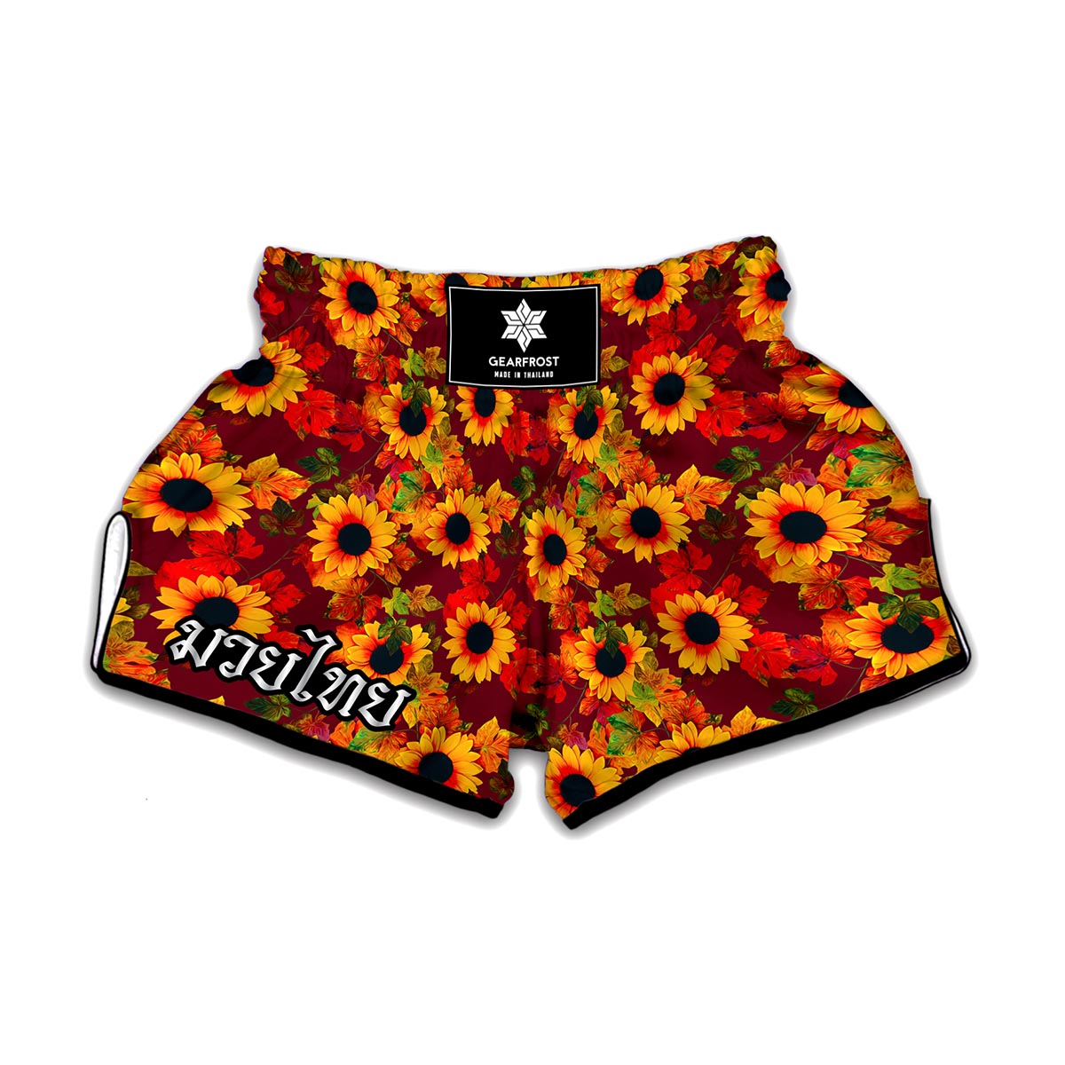 Red Autumn Sunflower Pattern Print Muay Thai Boxing Shorts