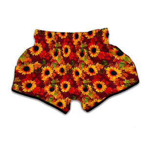 Red Autumn Sunflower Pattern Print Muay Thai Boxing Shorts