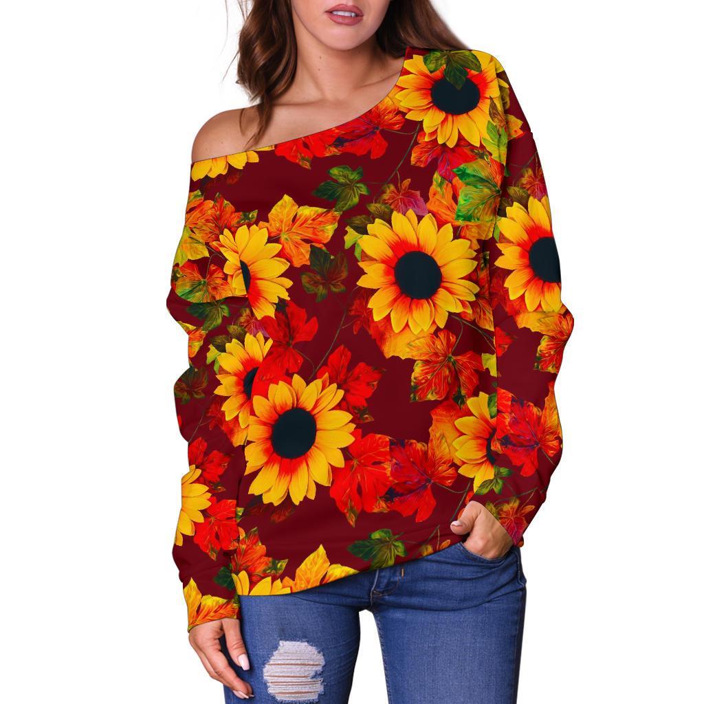 Red Autumn Sunflower Pattern Print Off Shoulder Sweatshirt GearFrost