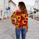 Red Autumn Sunflower Pattern Print Off Shoulder Sweatshirt GearFrost