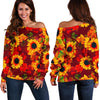 Red Autumn Sunflower Pattern Print Off Shoulder Sweatshirt GearFrost