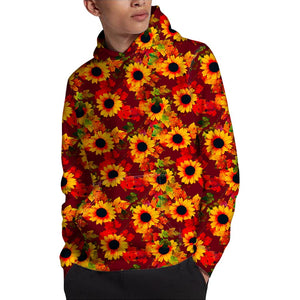 Red Autumn Sunflower Pattern Print Pullover Hoodie