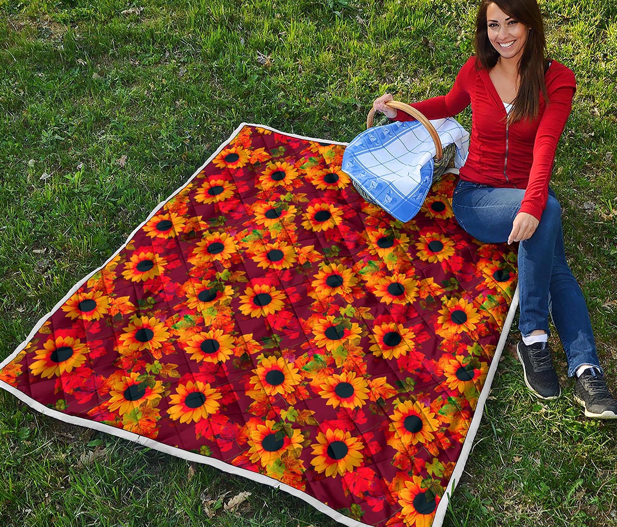 Red Autumn Sunflower Pattern Print Quilt