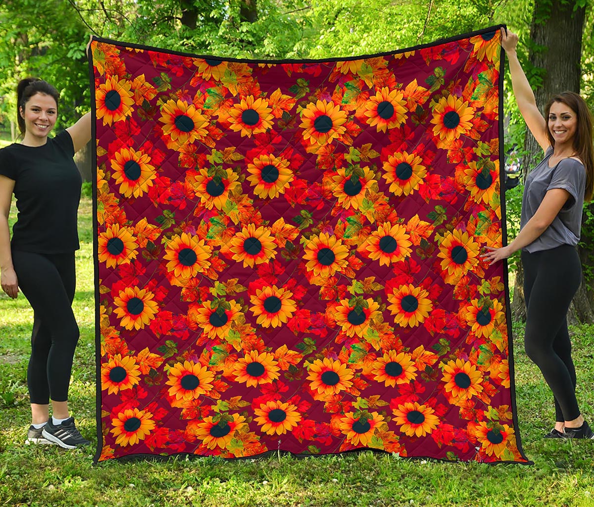 Red Autumn Sunflower Pattern Print Quilt