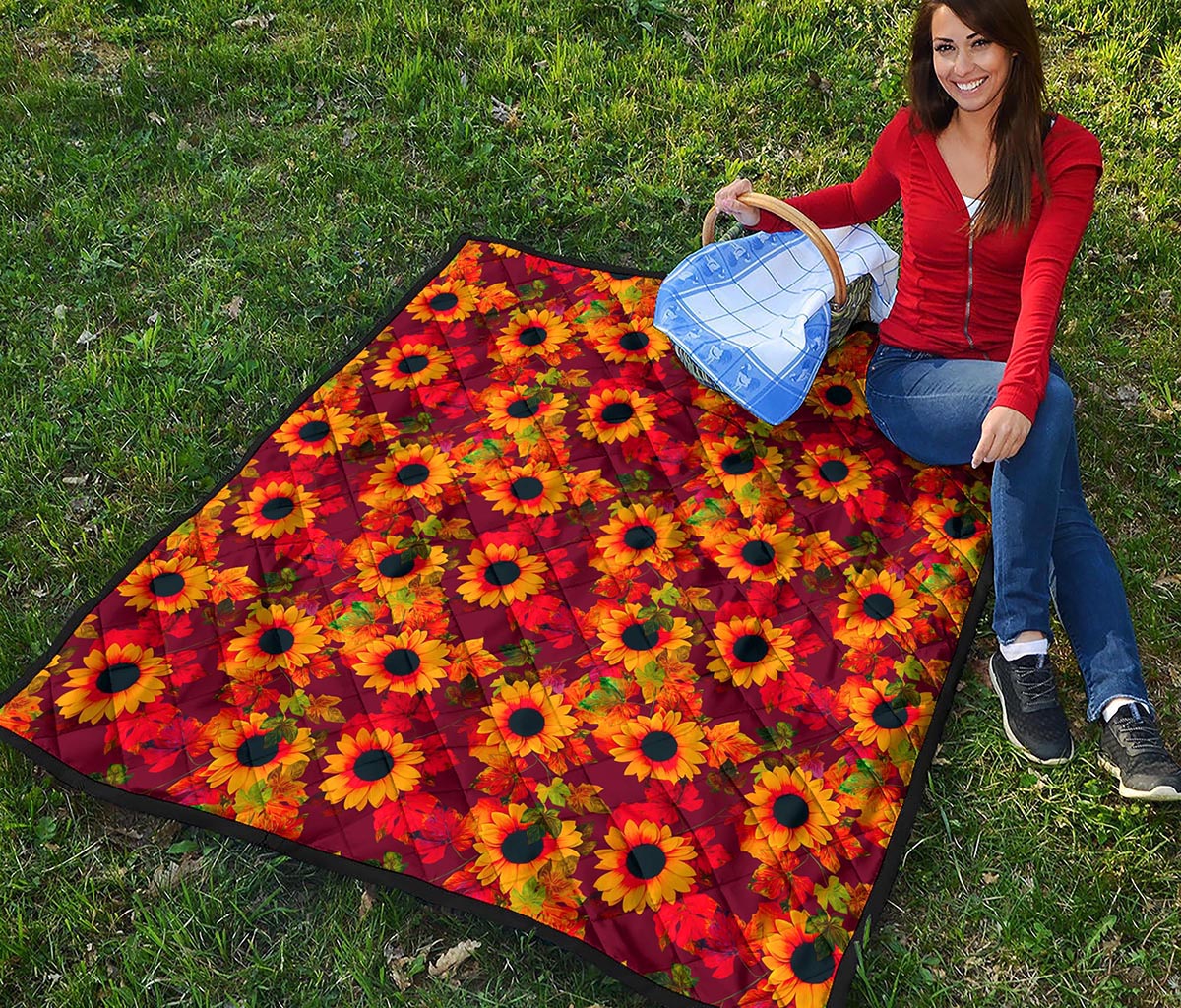 Red Autumn Sunflower Pattern Print Quilt