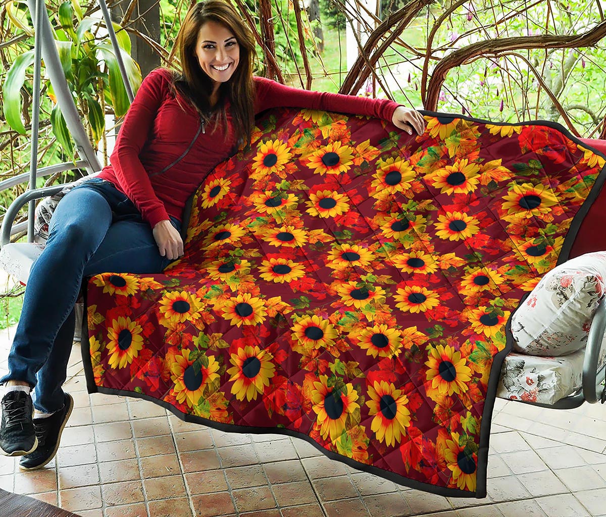 Red Autumn Sunflower Pattern Print Quilt