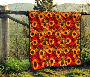 Red Autumn Sunflower Pattern Print Quilt