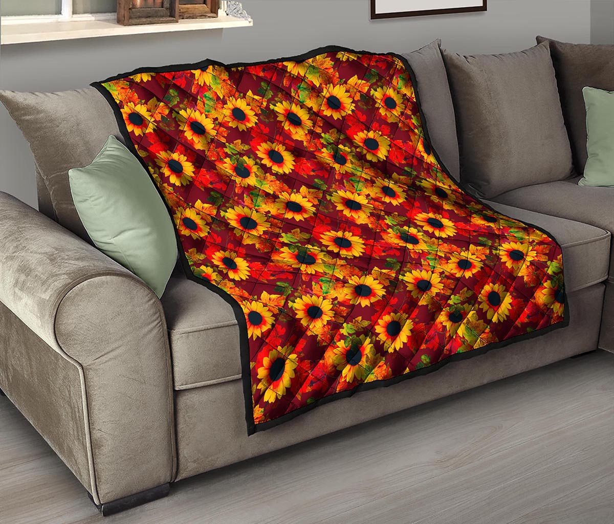 Red Autumn Sunflower Pattern Print Quilt