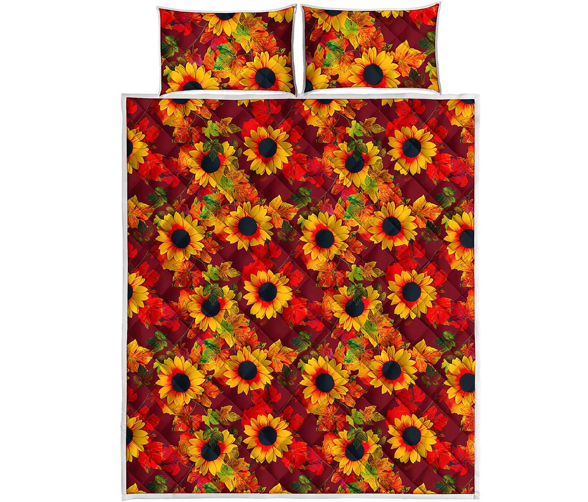 Red Autumn Sunflower Pattern Print Quilt Bed Set