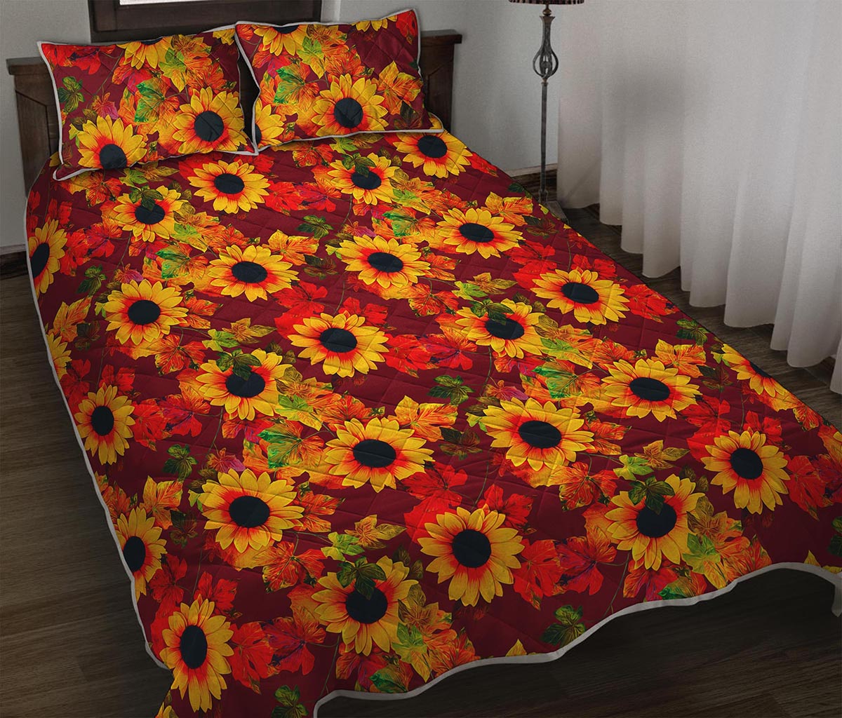 Red Autumn Sunflower Pattern Print Quilt Bed Set