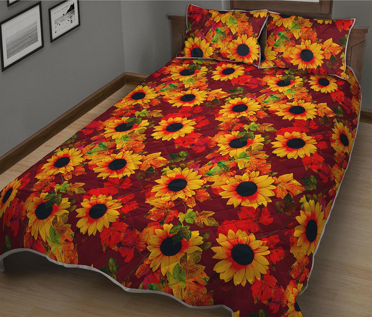 Red Autumn Sunflower Pattern Print Quilt Bed Set