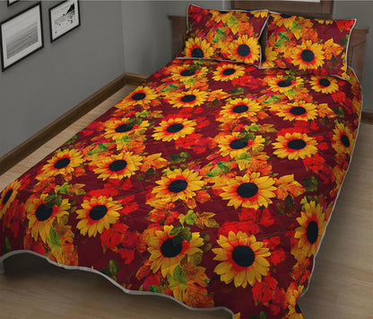 Red Autumn Sunflower Pattern Print Quilt Bed Set