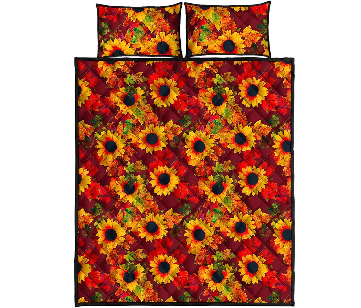 Red Autumn Sunflower Pattern Print Quilt Bed Set