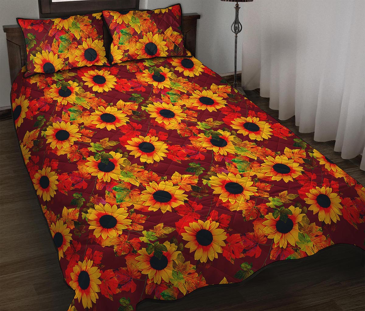 Red Autumn Sunflower Pattern Print Quilt Bed Set