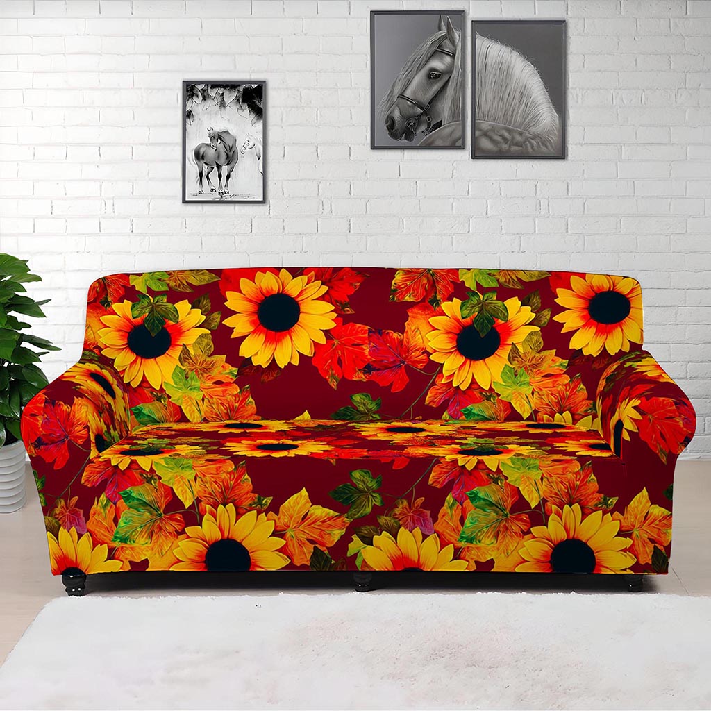 Red Autumn Sunflower Pattern Print Sofa Cover