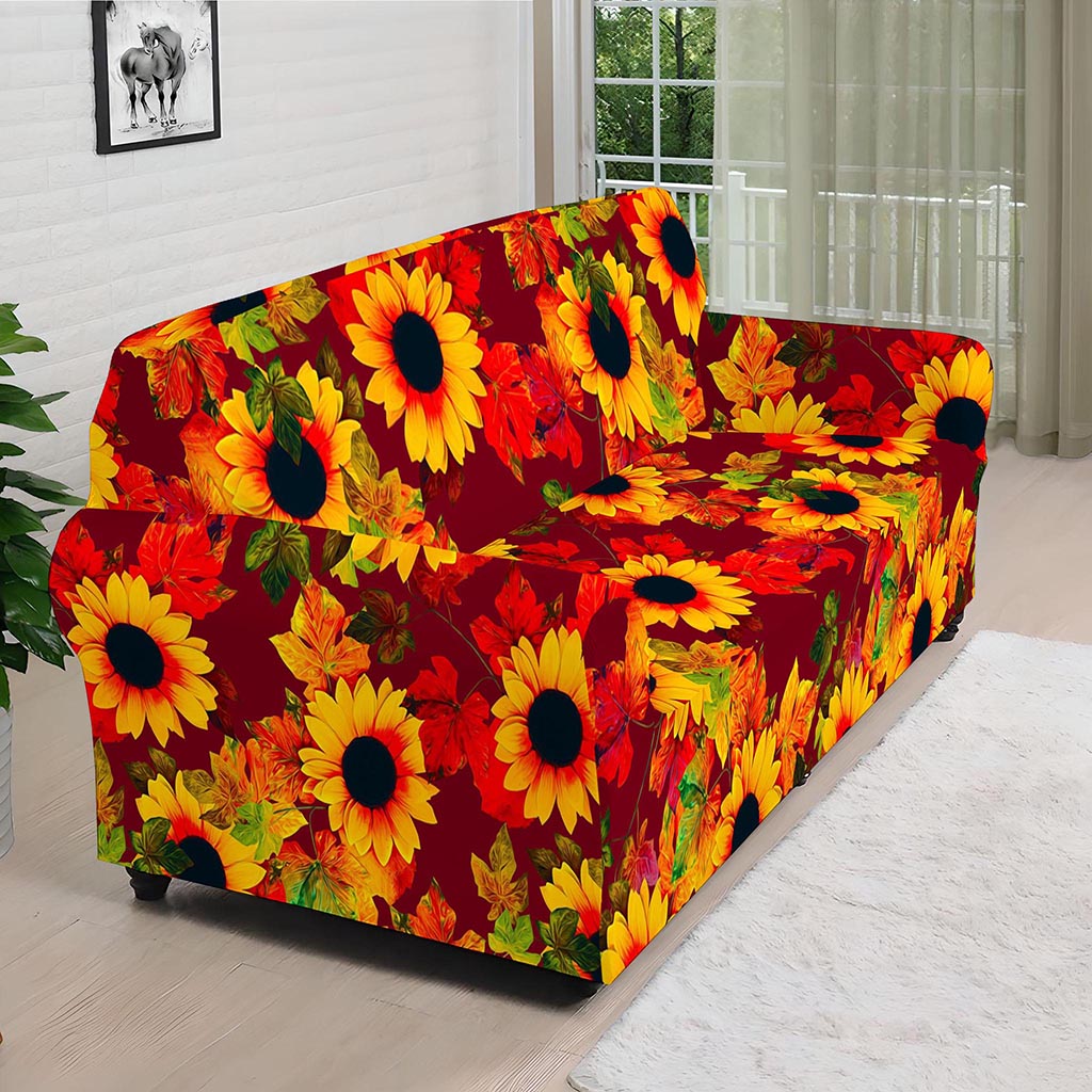Red Autumn Sunflower Pattern Print Sofa Cover