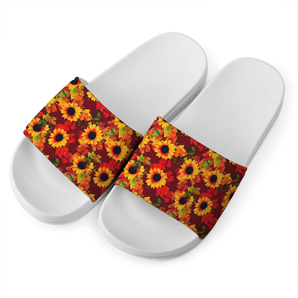 Red Autumn Sunflower Pattern Print White Slide Sandals