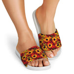 Red Autumn Sunflower Pattern Print White Slide Sandals