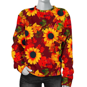 Red Autumn Sunflower Pattern Print Women's Crewneck Sweatshirt GearFrost