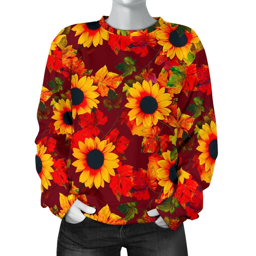 Red Autumn Sunflower Pattern Print Women's Crewneck Sweatshirt GearFrost