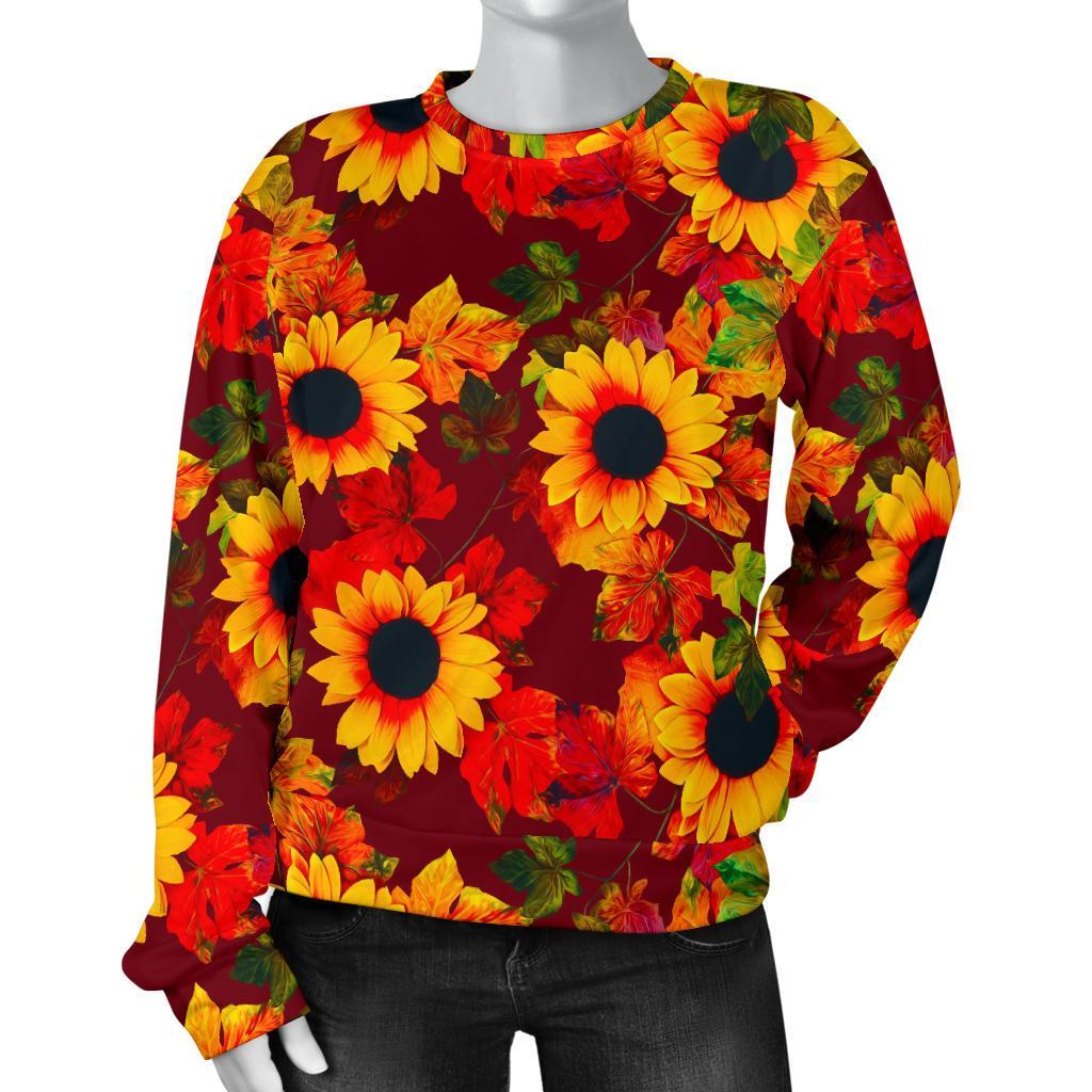 Red Autumn Sunflower Pattern Print Women's Crewneck Sweatshirt GearFrost