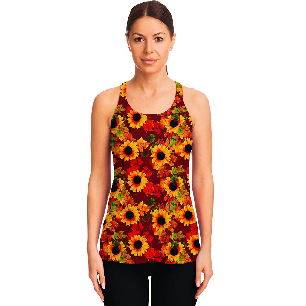 Red Autumn Sunflower Pattern Print Women's Racerback Tank Top