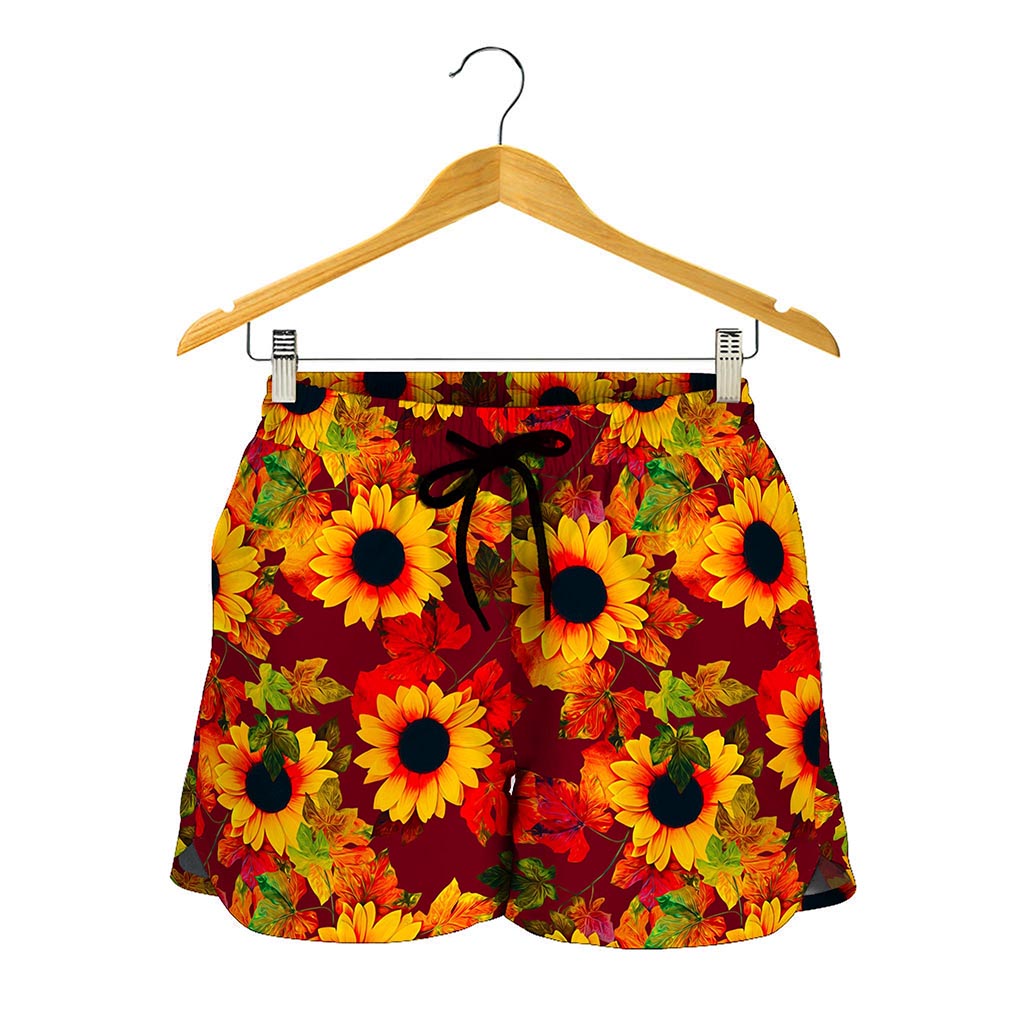 Red Autumn Sunflower Pattern Print Women's Shorts