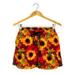 Red Autumn Sunflower Pattern Print Women's Shorts