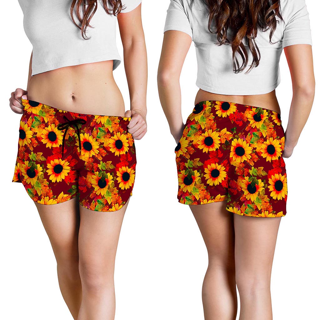 Red Autumn Sunflower Pattern Print Women's Shorts