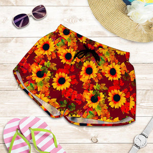 Red Autumn Sunflower Pattern Print Women's Shorts