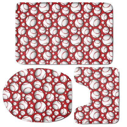 Red Baseball Pattern Print 3 Piece Bath Mat Set