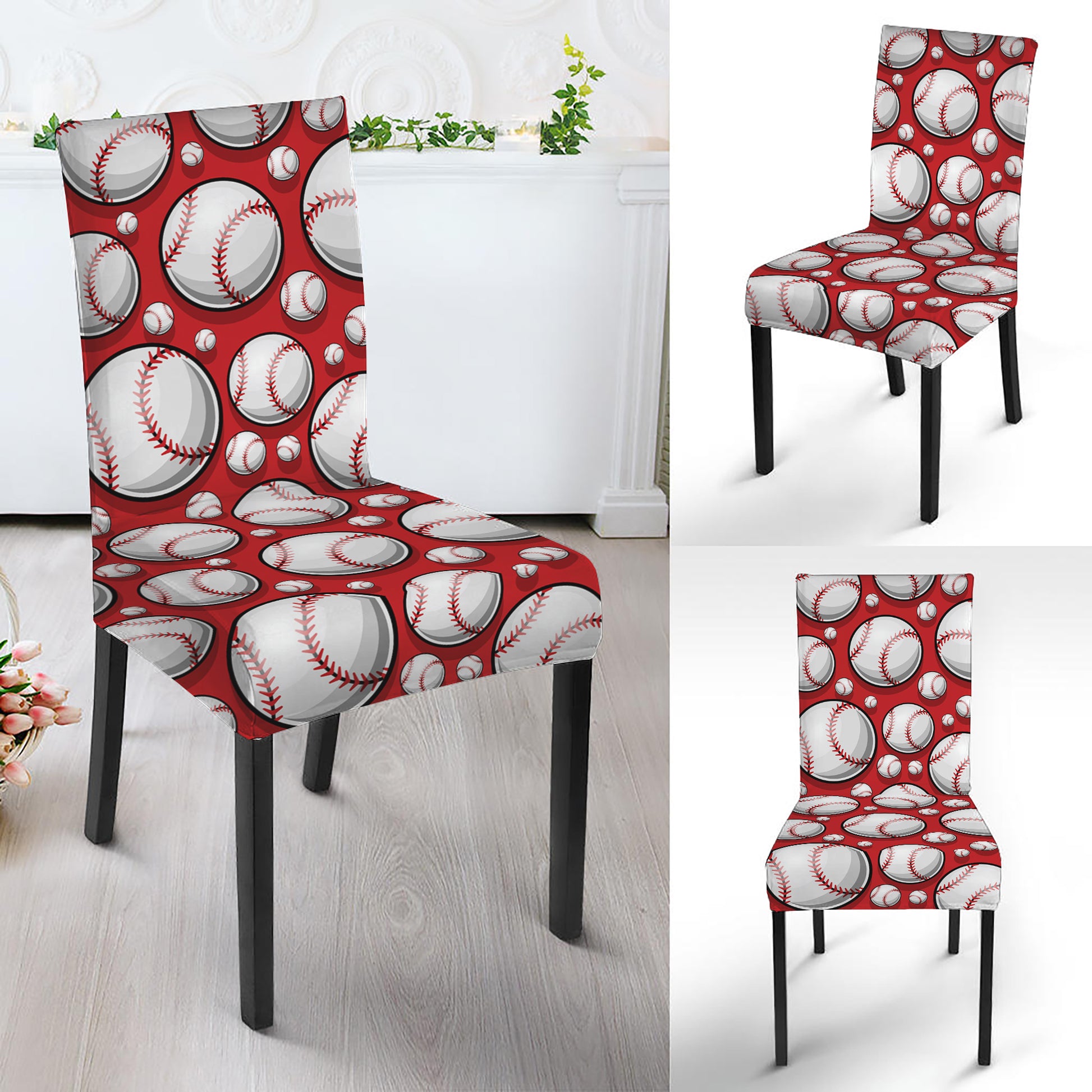 Red Baseball Pattern Print Dining Chair Slipcover