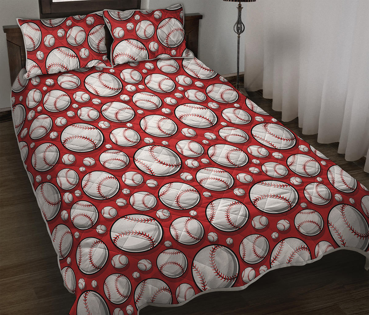 Red Baseball Pattern Print Quilt Bed Set
