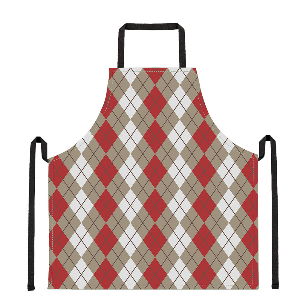 Red Beige And White Argyle Pattern Print Apron